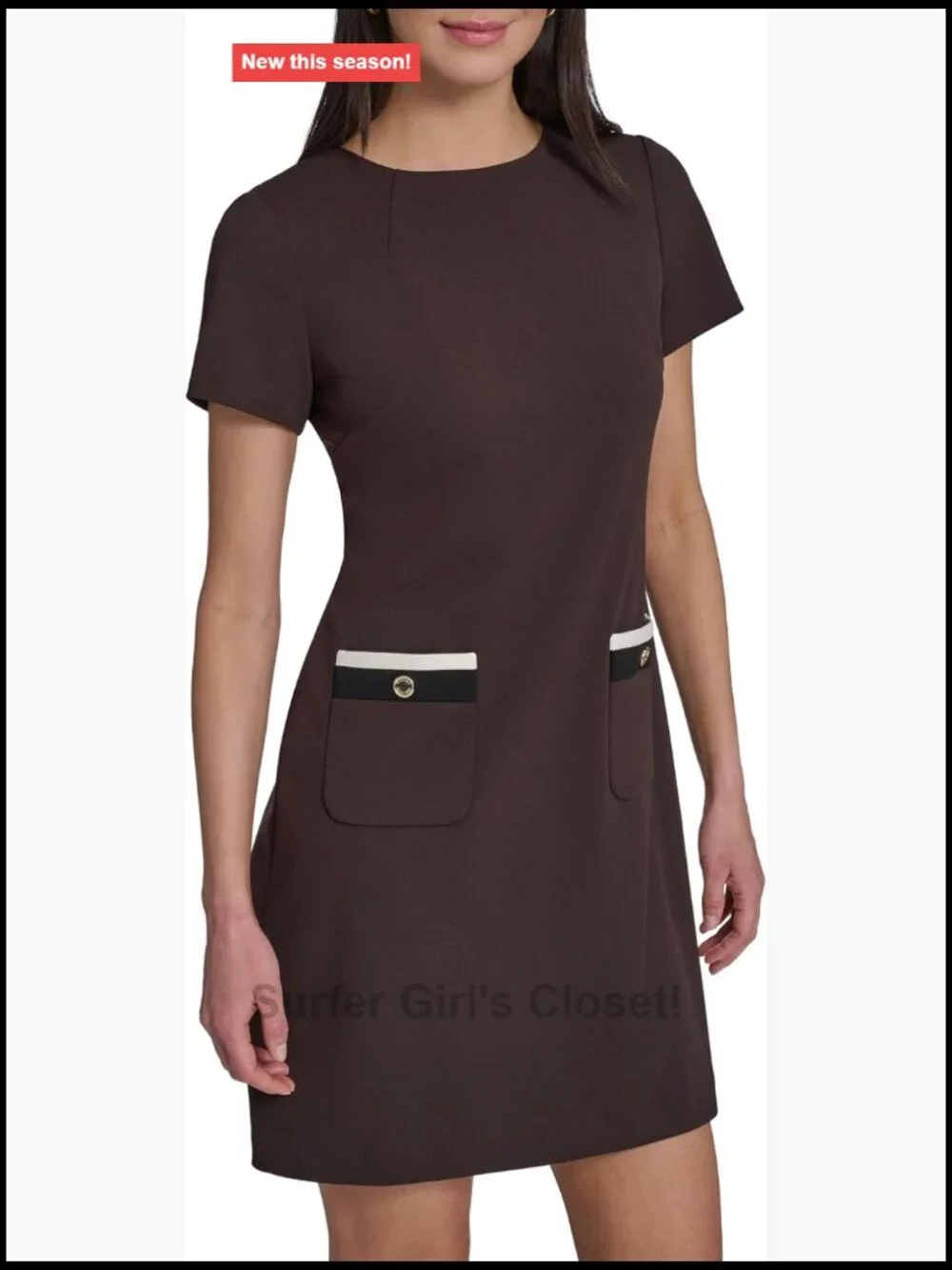 Women's Short Sleeve Crew Neck Shift Dress with Hip Pockets
